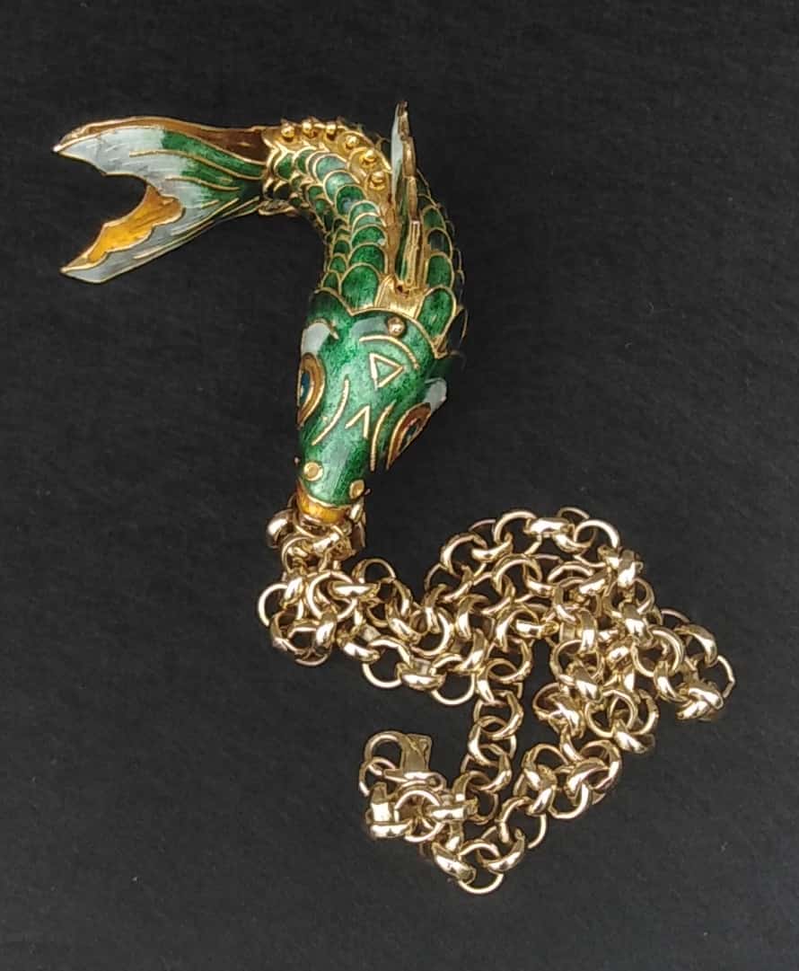 Oversized Vintage 1970s Articulated Cloisonné Fish Statement Necklace | Huge 4” Koi Pendant, 18” Heavy Gold Plated Chain